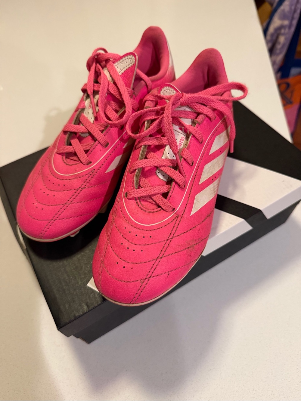 Kids Pink Soccer Cleats with White Stripes - 2.5 kids size